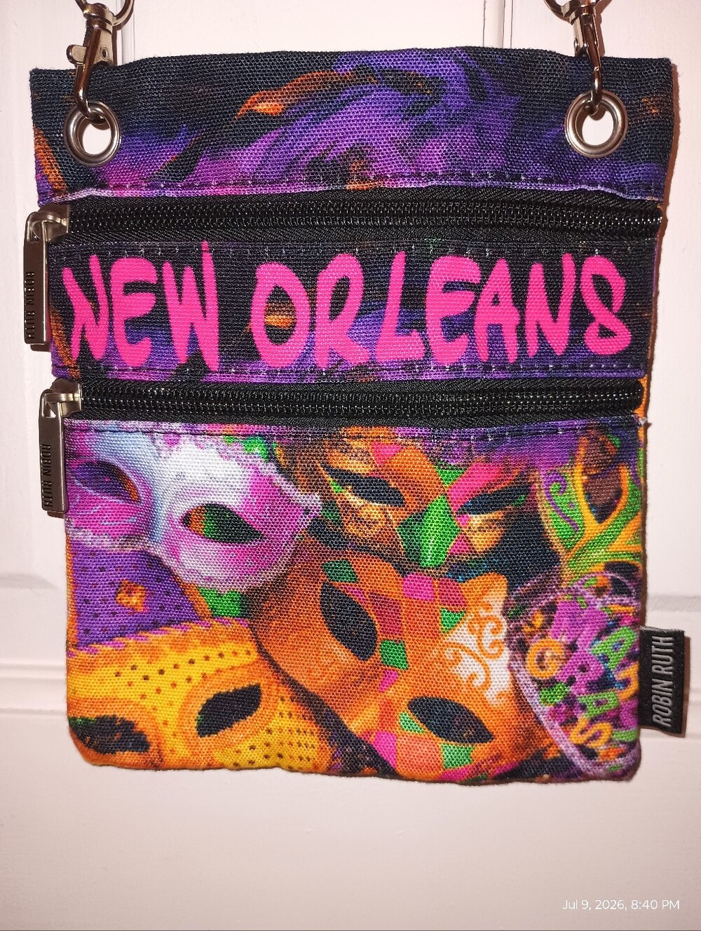 Robin Ruth New Orleans Mardi Gras Mask Print Crossbody Pouch Purple Pink Orange